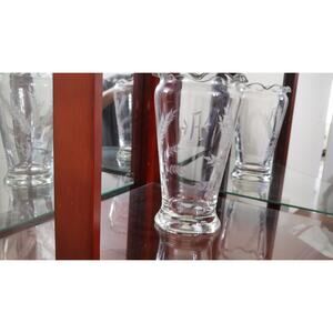 Hand Blown Clear Vase Etched Wheat Pattern Initial A Ribbon Rim 9” Vintage